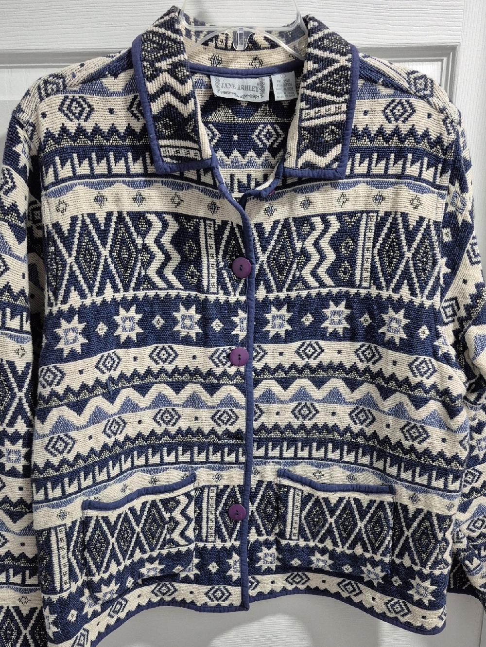 Jane Ashley Navy and Cream Geometric Knit Jacket with Purple Buttons - Picture 1 of 4